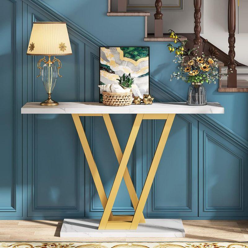 Gold and White Faux Marble Console Table with V-Legs