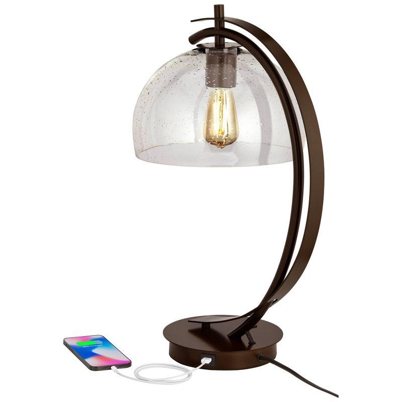 Possini Euro Design Modern Accent Table Lamp with USB Port Filament LED 22.5" High Bronze Metal Glass Dome Shade for Living Room Desk Bedroom