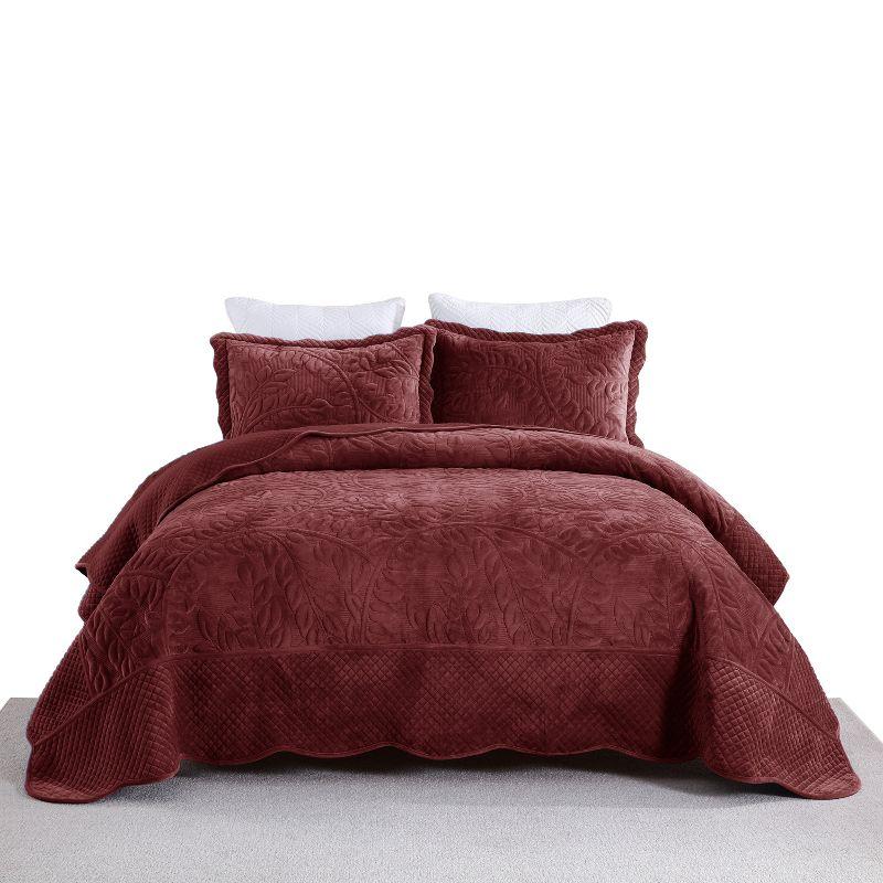 MarCielo Marcielo Oversized Embroidered Velvet Quilt Set With 2 Pillow Shams