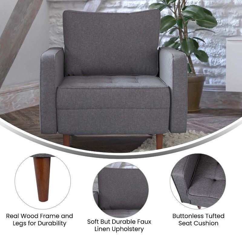 Flash Furniture Hudson Mid-Century Modern Commercial Grade Armchair with Tufted Faux Linen Upholstery & Solid Wood Legs in Dark Gray