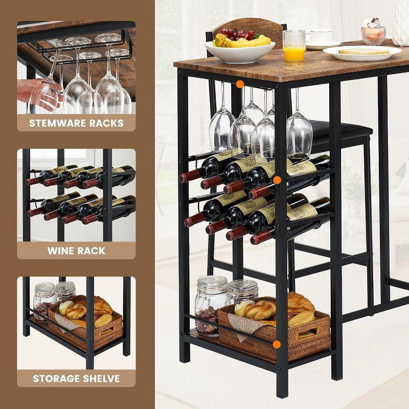 Whizmax Bar Table Set for 2 with Footrest, Kitchen Dining Table with 2 Upholstered Chairs, Small Space Counter Height Barstools for Counter Bar, Brown