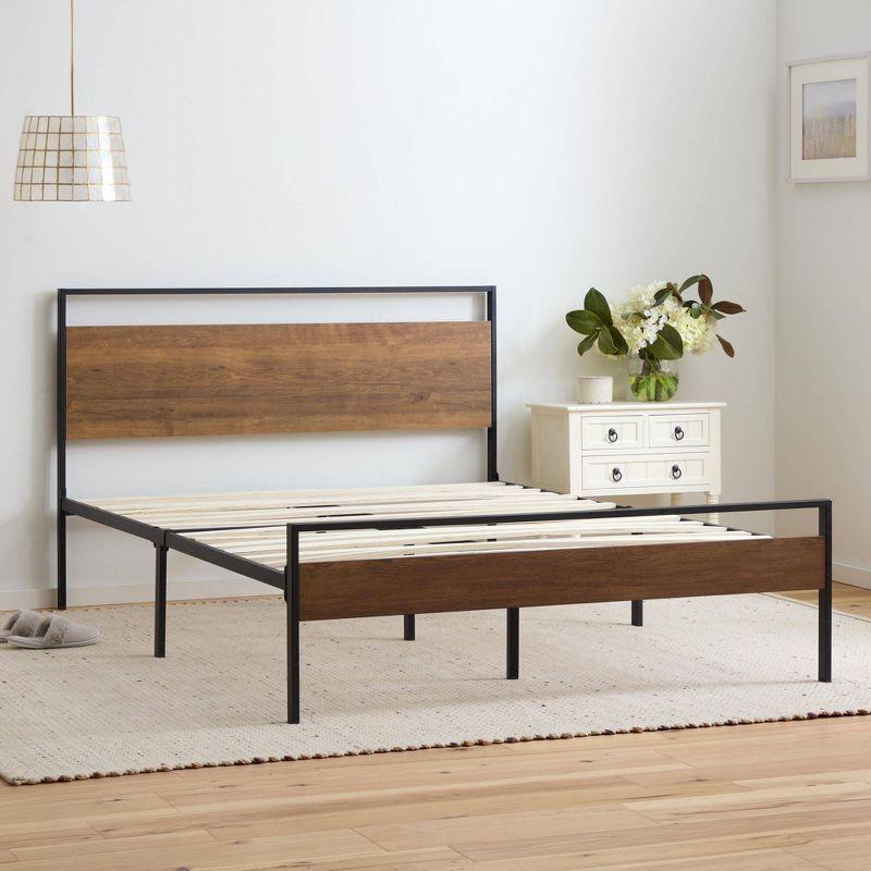 King Nora Metal and Wood Platform Bed Frame Brown - Brookside Home: Sturdy, No Box Spring Needed
