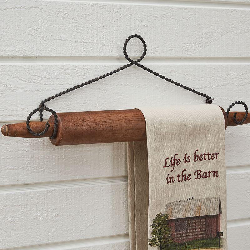 Rustic Brown Wood and Iron Rolling Pin Dishtowel Holder