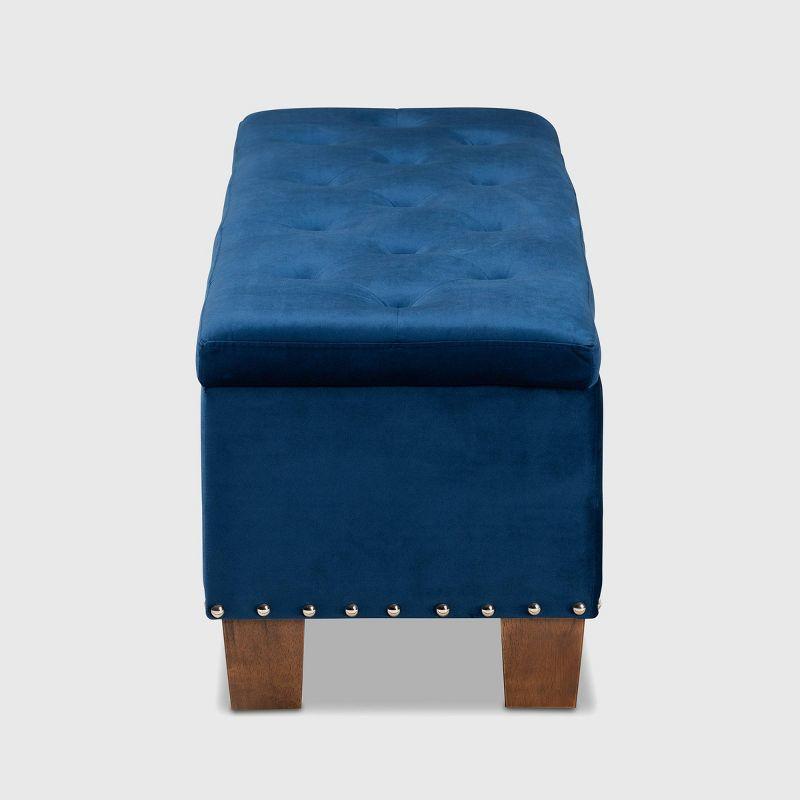 Elegant Navy Blue Velvet Tufted Storage Ottoman Bench with Silver Accents