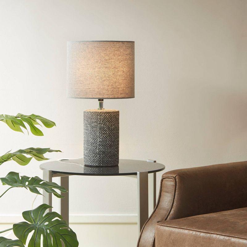 Gray Ceramic Table Lamp with Textured Base and Drum Shade