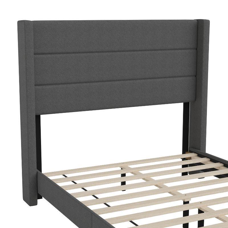 Charcoal Faux Linen Full Platform Bed with Wingback Headboard