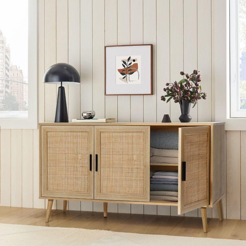 LuxenHome Rattan Buffet Cabinet with Storage, 47" Light Oak Finish Wood Accent Sideboard Cabinet with 3-Door, Boho Coffee Bar Console Table