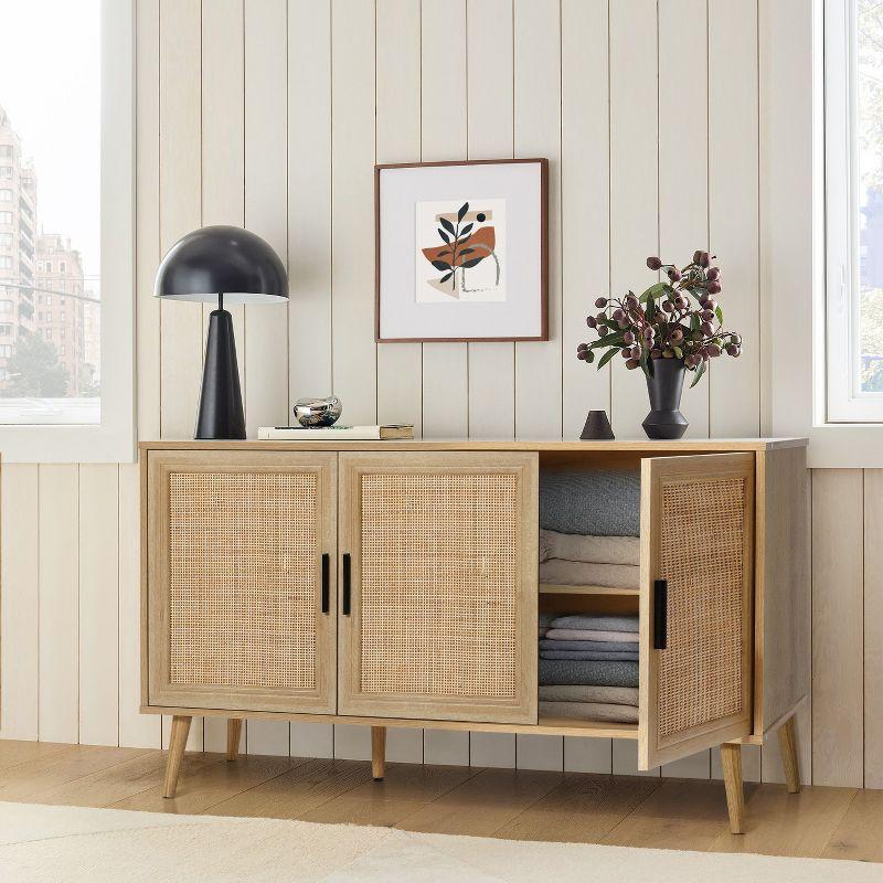 LuxenHome 47.2" Wide 3-Door Rattan Light Oak Finish Wood Sideboard Cabinet