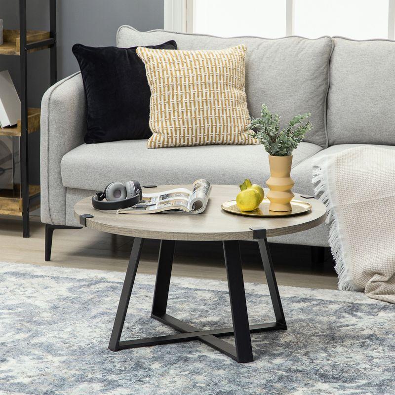 HOMCOM Round Coffee Table, Accent Center Table Steel Legs Living Room Furniture, Wooden Coffee Table, Light Gray