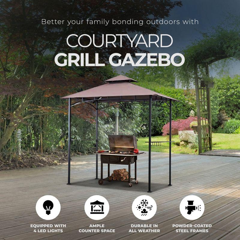 Four Seasons Courtyard Grill Gazebo With LED Lights, 2 Glass Shelves, and Durable Powder Coated Steel Frame for Backyard Lawn and Outdoor Use, Brown