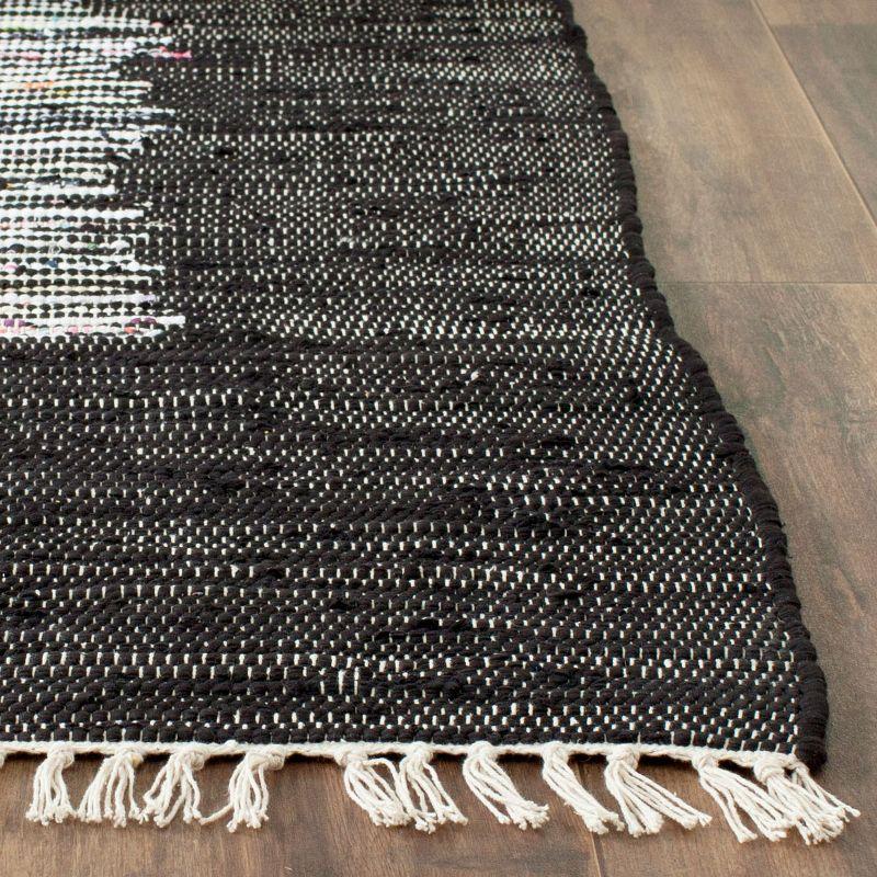 Ivory and Black Hand-Woven Cotton Abstract Square Rug - 6ft x 6ft