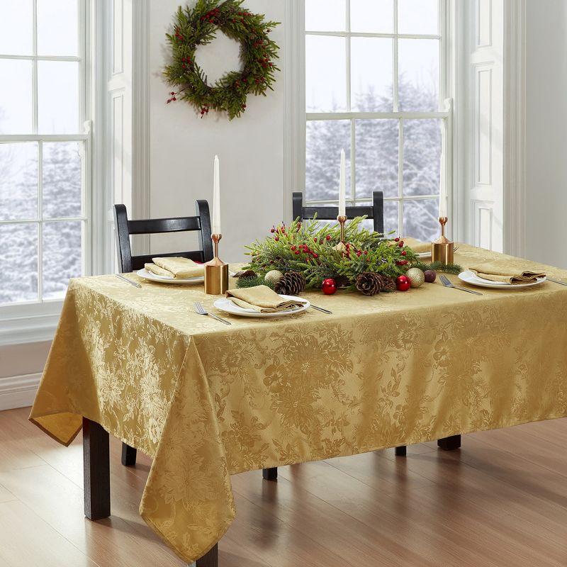 Poinsettia Elegance Jacquard Holiday Tablecloth - 52" Square - Gold - Elrene Home Fashions