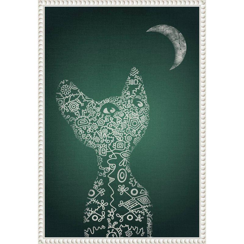 Abstract Cat and Moon Green Canvas Framed Wall Art