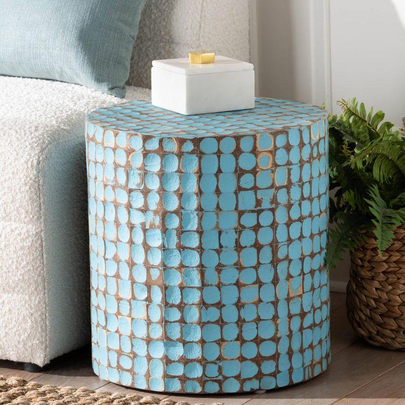 Sky Blue Coconut Shell and Acacia Wood Round End Table