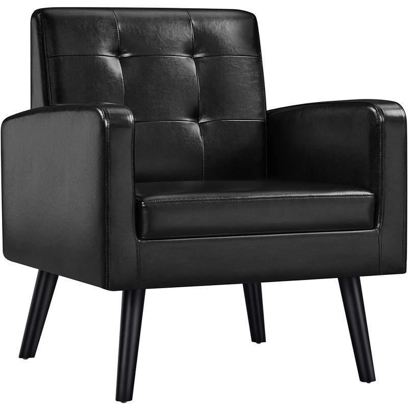 Black Faux Leather Mid-Century Modern Accent Chair with Wood Legs