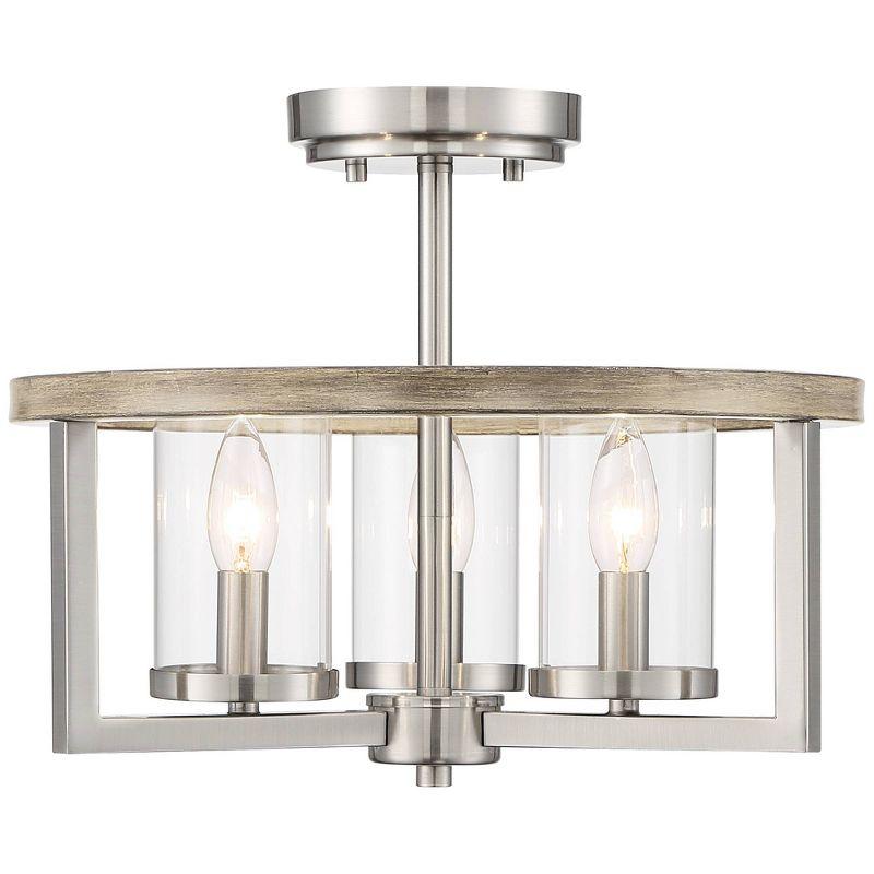 Possini Euro Design Senna Modern Industrial Ceiling Light Semi Flush Mount Fixture 15" Wide Brushed Nickel Gray Wood 3-Light Clear Glass for Bedroom