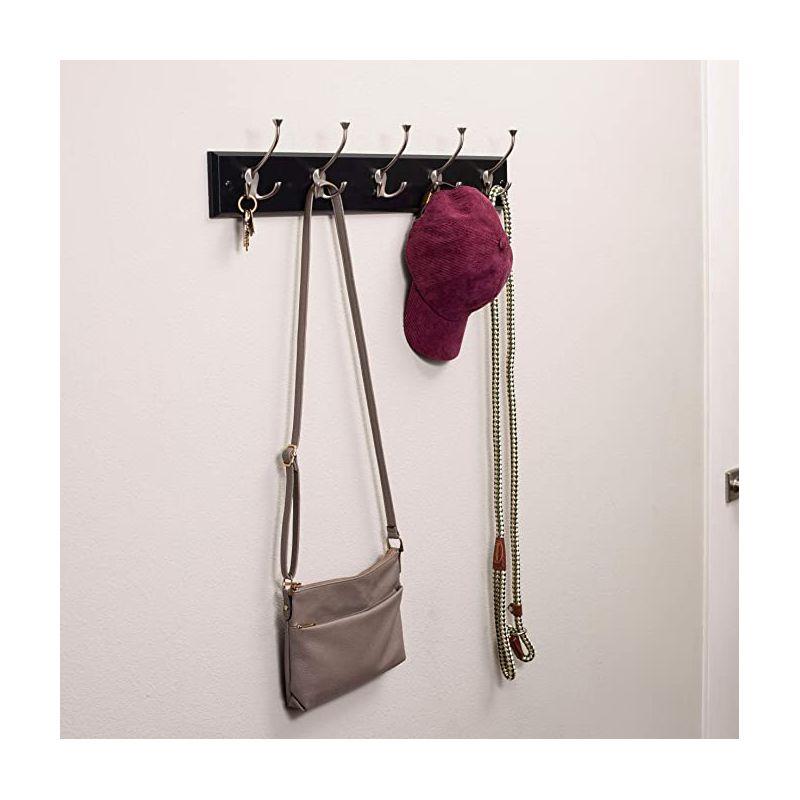 BirdRock Home Tri Hook Coat Rack - 5 Hooks - Wall Mount Hat Rack - Black Finish - Satin Nickel Hooks