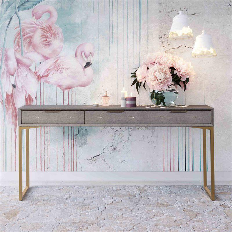 Gray Shagreen Wood and Brass Console Table with Storage