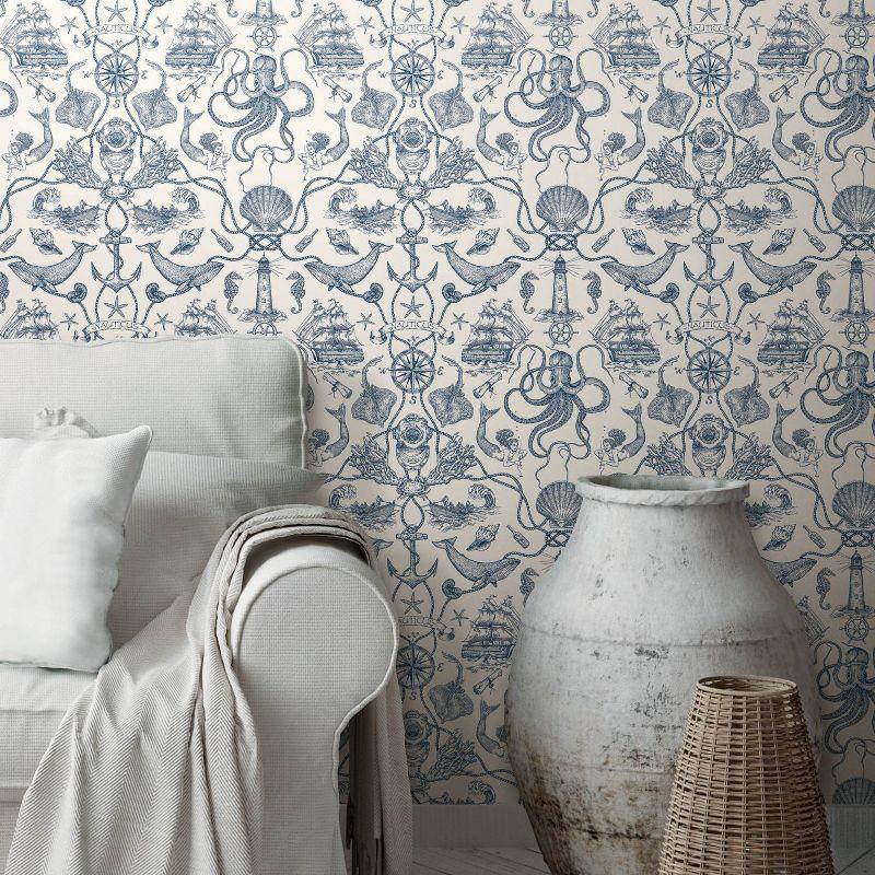 RoomMates Deep Sea Toile Blue Peel and Stick Wallpaper: Nautical Vinyl, Mermaid & Seahorses, Self-Adhesive, 28.18 Sq Ft Coverage