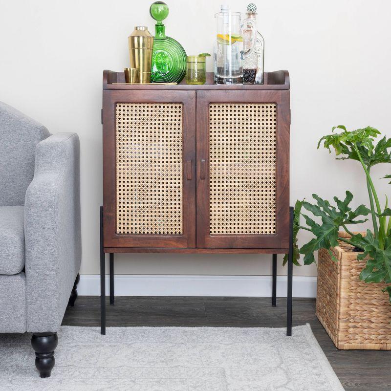 Storied Home Boho Solid Wood Bar Cabinet with Metal Legs and Woven Cane Doors Walnut/Natural: Iron Frame, Mango Surface