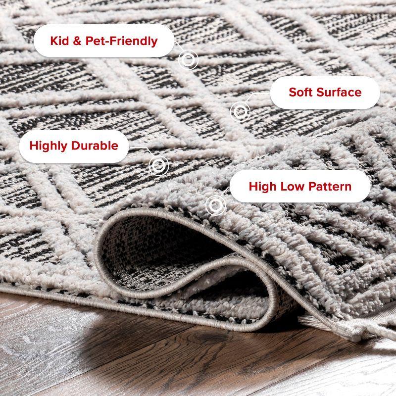 Nuloom 4x6 Ansley Moroccan Tassel Indoor Area Rug, Grey, High-Low Textured Bohemian Design, Plush High Pile, Stain Resistant, Bedroom, Living Room