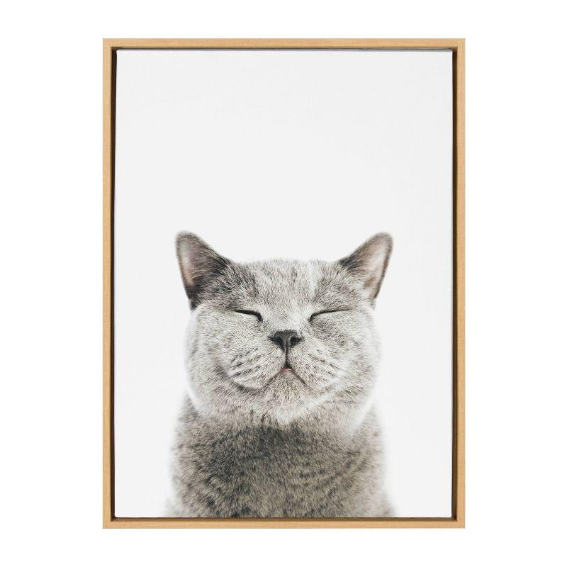 Smiling Gray Cat Canvas Print with Natural Wood Frame