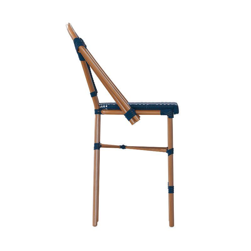 Emma & Oliver Soie Set of Two Stacking Bistro Chairs with Navy and White PE Seat and Back and Bamboo Finished Aluminum Frame for Indoor/Outdoor Use