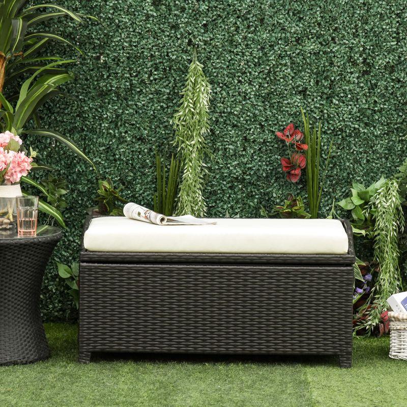 Outsunny Storage Bench Rattan Wicker Garden Deck Box Bin with Interior Waterproof Cloth Bag and Comfortable Cushion, White