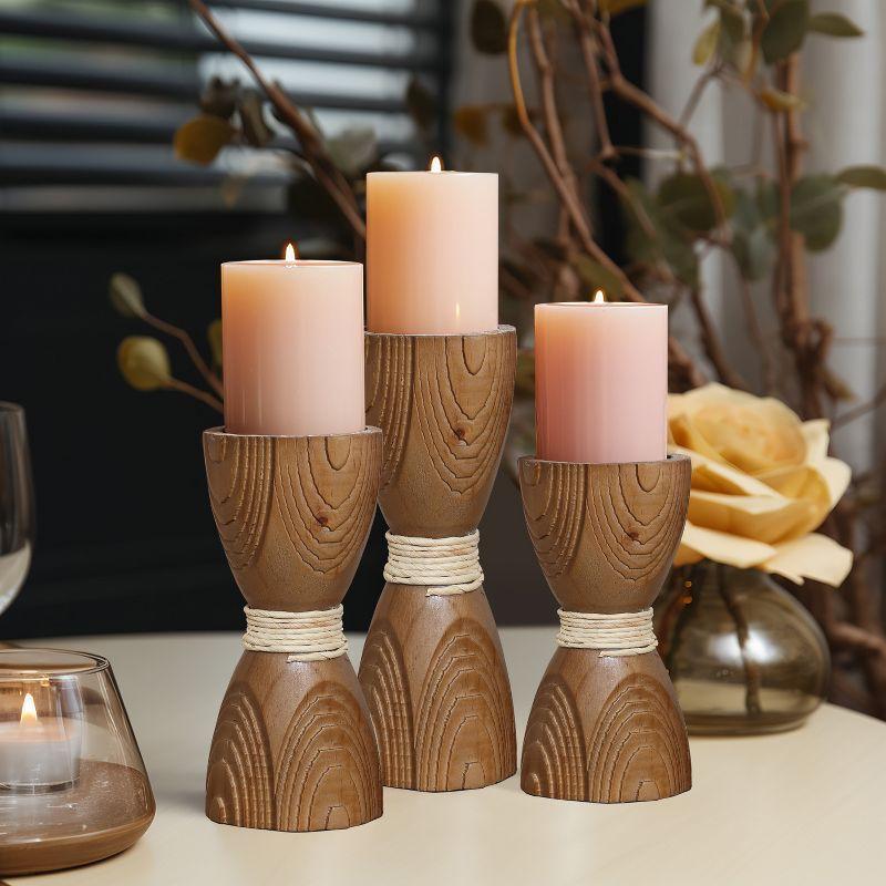 LuxenHome 3-Piece Pine Wood with Rattan Pillar Candle Holder Set Brown