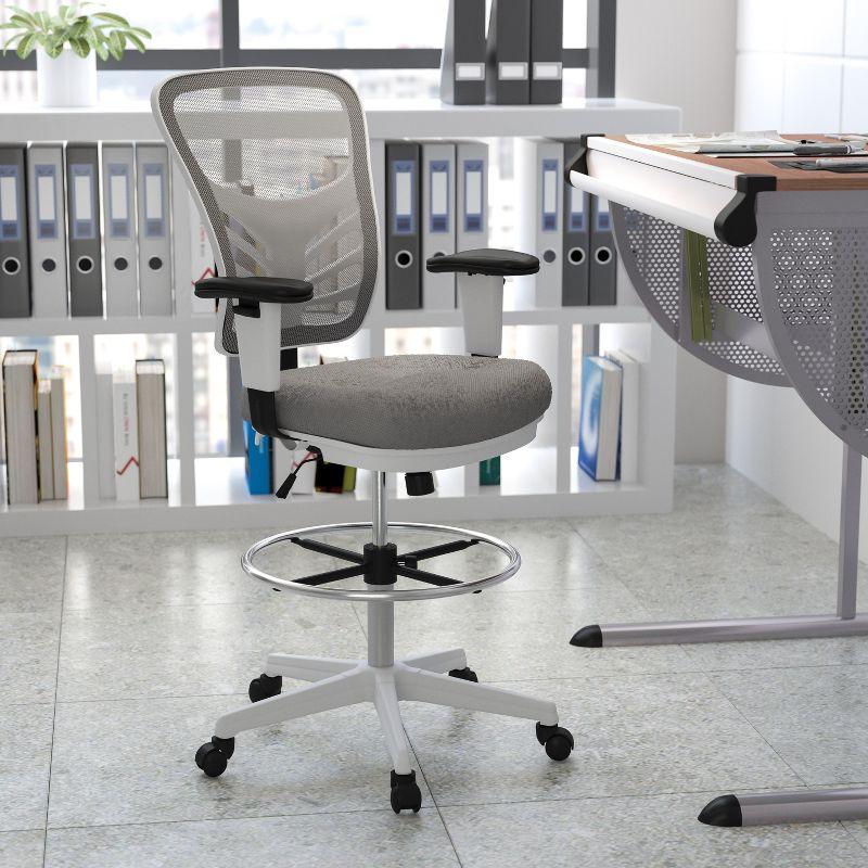 ErgoFlex Light Gray Mesh Drafting Chair with White Frame and Chrome Accents