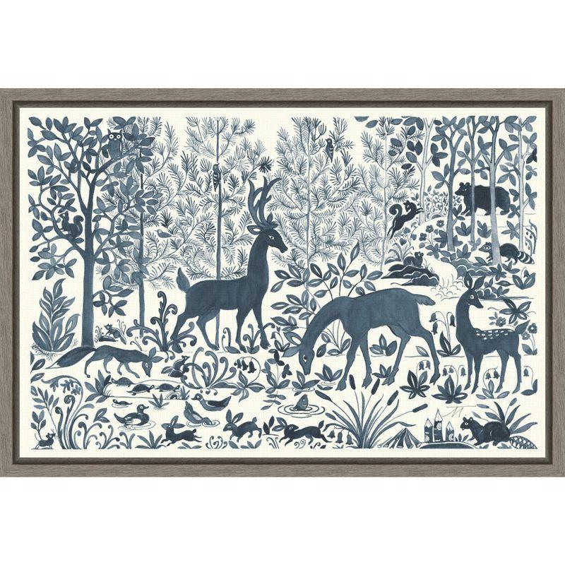 Forest Life I Blue and White Framed Canvas Art