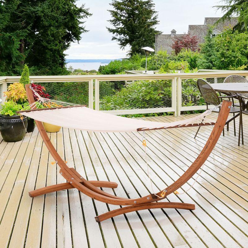 Outsunny Outdoor Hammock with Stand, Heavy Duty Wooden Frame, No Tree Needed, Indoor Outside Boho Style Nap Bed, Natural Cotton, White