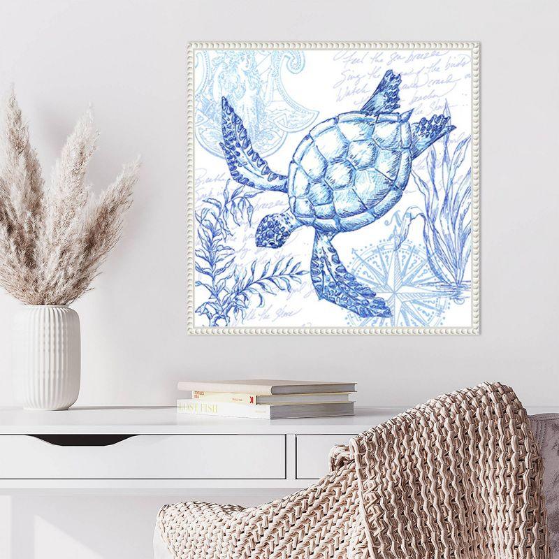 Coastal Sketchbook Turtle Blue Ink Canvas Wall Art with White Frame