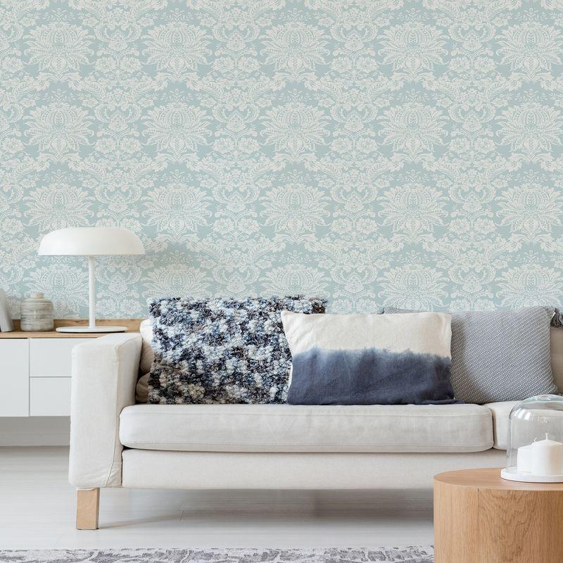 Duck Egg Blue Damask Peel and Stick Vinyl Wallpaper