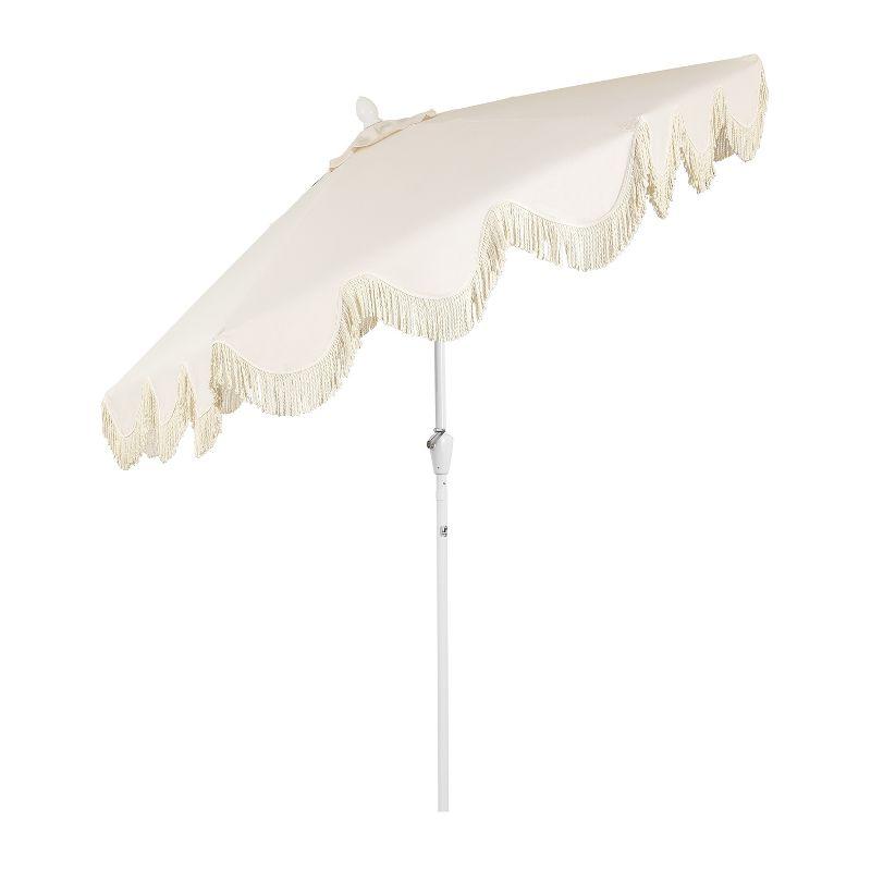 JONATHAN Y Collins 9 ft. Classic Cottage Tassel Market Patio Umbrella with Auto-Tilt, Crank, Wind Vent and UV Protection in Cream