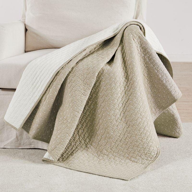Taupe and Cream Cross Stitch Cotton Quilted Throw 50x60in