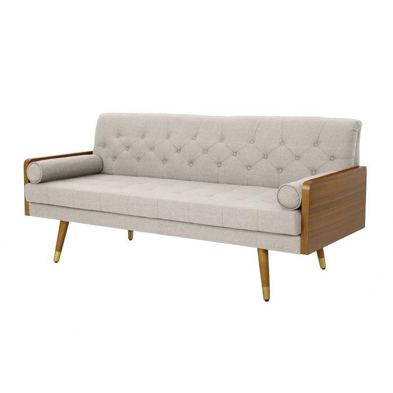 GDFStudio Aidan Mid Century Modern 72.25" Tufted Upholstered 3 Seater Sofa，Beige/Dark Walnut/Gold