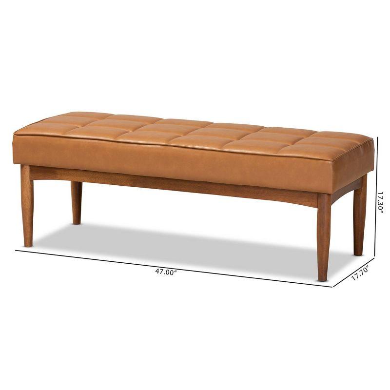 Sanford Tan Wood Dining Ottoman Walnut Brown - Baxton Studio: Faux Leather, Biscuit Tufted, Tapered Legs