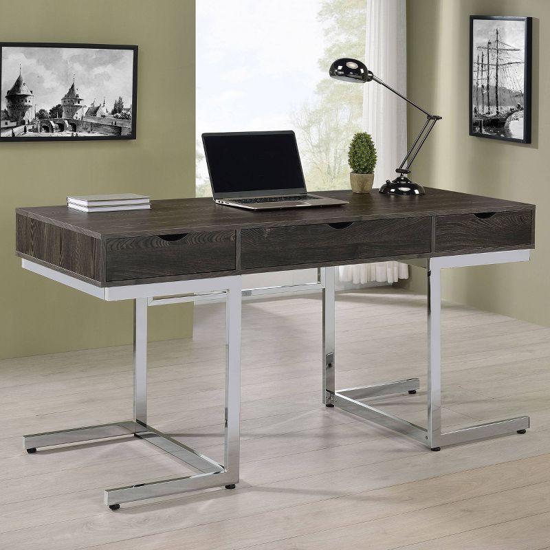 Chic Dark Oak 62" Contemporary Home Office Desk with Chrome Accents