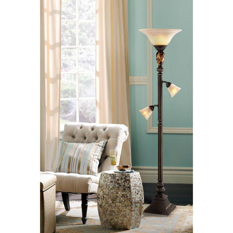 Kathy Ireland Mulholland Vintage Rustic Torchiere Floor Lamp with Side Lights 72" Tall Bronze Tortoise Shell Frosted Glass for Living Room Reading