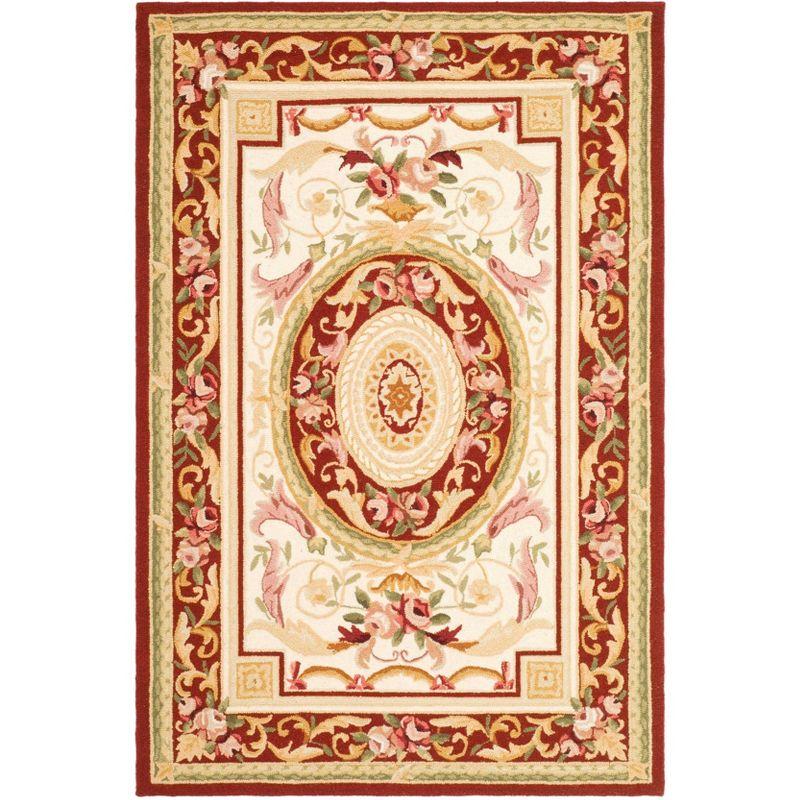 Elegant Ivory & Burgundy Hand-Knotted Wool Round Rug