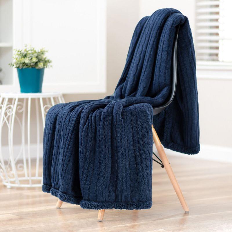 Chanasya Cable Knit Throw Blanket with Plush Faux Shearling Side