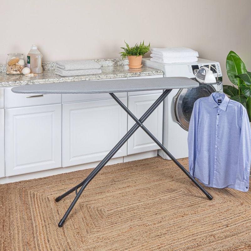 Household Essentials Ultra Ironing Board 4-Leg Cotton Cover Matte Black Frame Gray Cover: Collapsible Metal, 63" x 14.17"