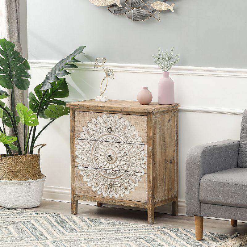 Whitewashed Carved Medallion 3-Drawer Accent Chest in Natural Wood