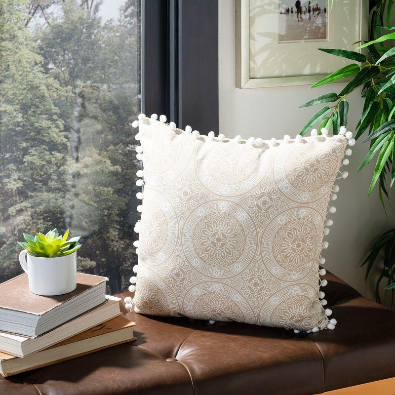 Beige and Gray Floral Medallion Pom Pom Pillow