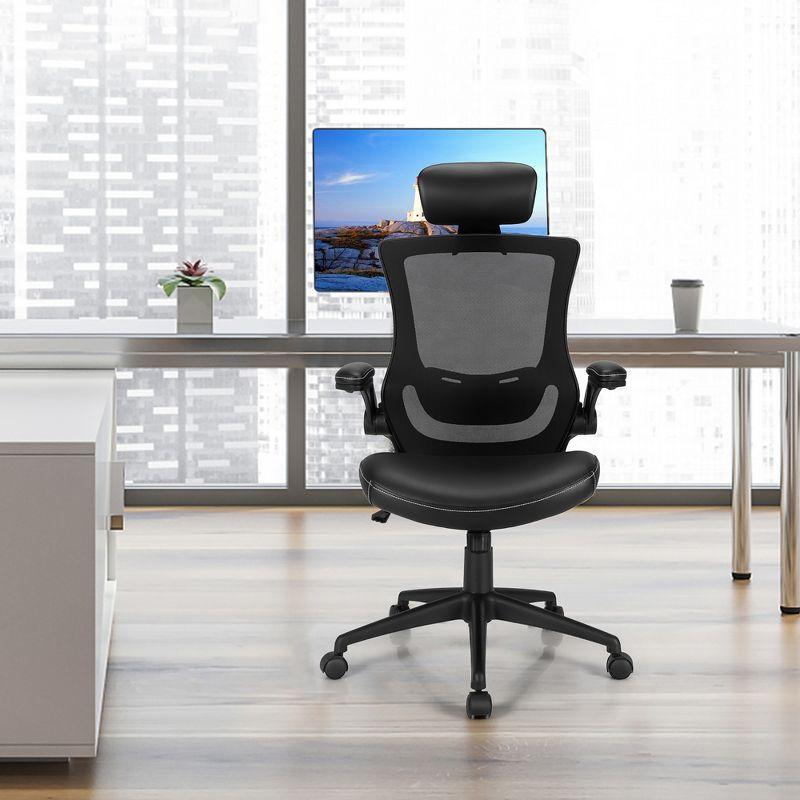 Costway Mesh Back Adjustable Swivel Office Chair w/ Flip up Arms Leather Seat