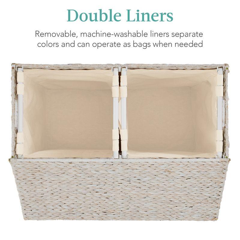 Best Choice Products Large Natural Water Hyacinth Double Laundry Hamper Basket w/ 2 Liner Bags, Handles - White