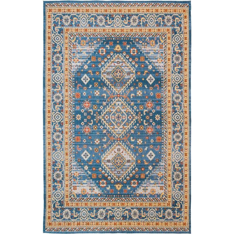 Elegant Vintage Blue & Gold 8' x 10' Flat Woven Cotton Rug