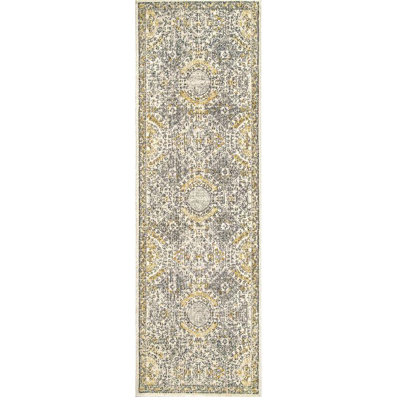 Elegant Vintage Gold Distressed Runner Rug, 2' 8" x 8'