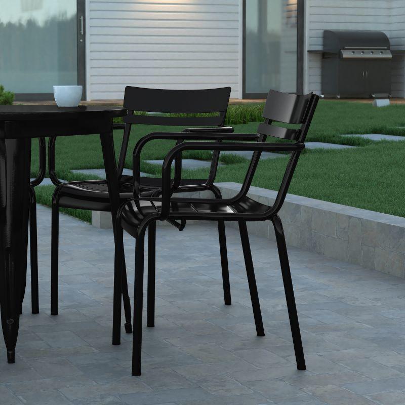 Emma and Oliver Set of 2 Powder Coated Steel Stacking Dining Chairs with Arms and 2 Slat Backs for Indoor-Outdoor Use in Black